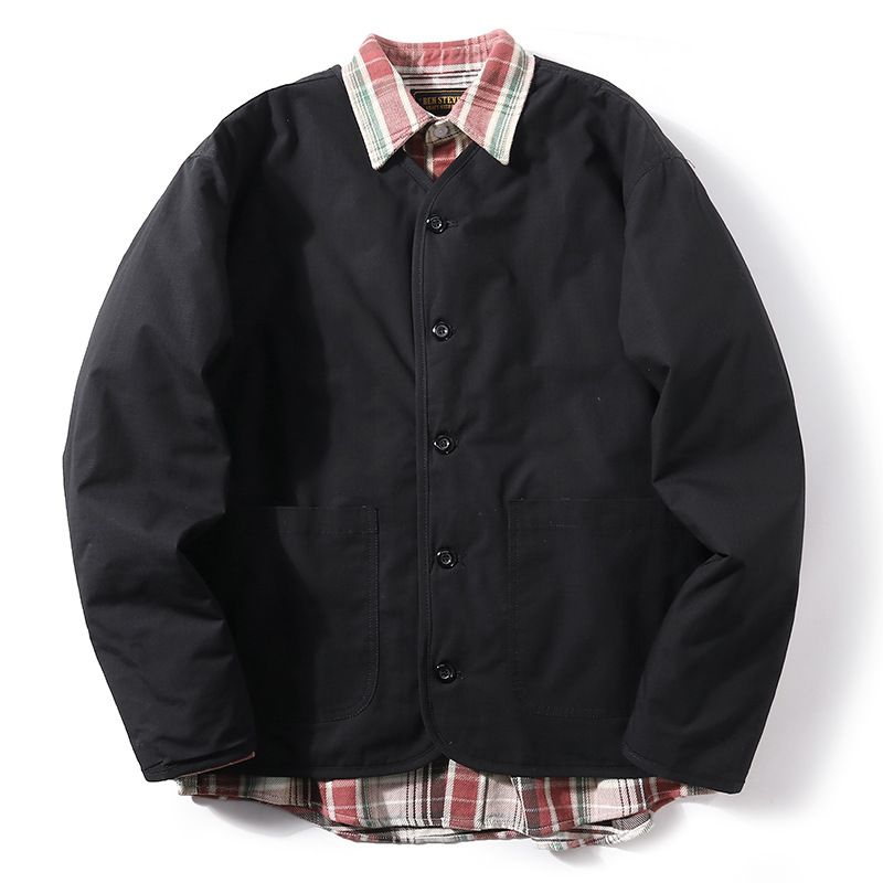 Men’s Japanese Retro Workwear Jacket – Loose Fit Cotton Padded Coat, Warm & Stylish Winter V-Neck Cardigan_viptrois.com