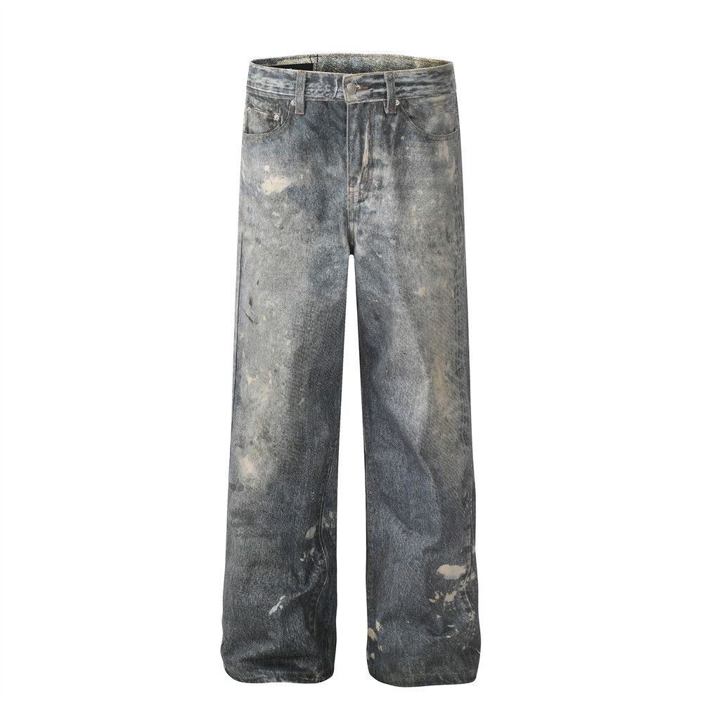 Men's Clothing Wasteland Style Beggar Old Jeans Men's Niche Loose High Street Ink Splashed Tie Dye Wide Leg Straight Trousers_viptrois.com