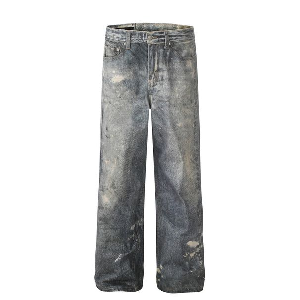 Men's Clothing Wasteland Style Beggar Old Jeans Men's Niche Loose High Street Ink Splashed Tie Dye Wide Leg Straight Trousers_viptrois.com