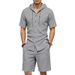 Men's Summer Casual Linen Shirt And Shorts Set Loose Fit Solid Color Short Sleeved Hooded Top And Bottoms_viptrois.com