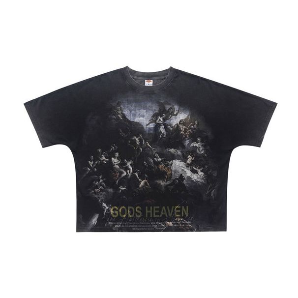 American Vintage Graffiti All-over Print Washed Distressed Loose One-piece Cut Short-sleeve T-shirt_viptrois.com