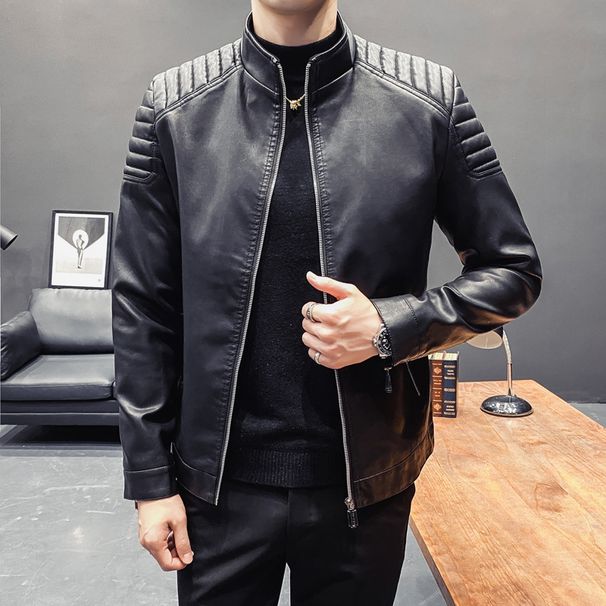 Leather Jacket Men's Autumn Leather Jacket Men's Pocket Zipper Top Jacket Slim Casual PU Leather Jacket_viptrois.com