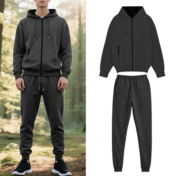 Men's Heavyweight Fleece Lined Cardigan Sweatshirt And Sweatpants Set Trendy Drawstring Hooded Zip Up Autumn Winter Clothing_viptrois.com