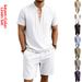 Men's Retro Tie Up Stand Collar Linen Short Sleeve T-Shirt And Shorts Set Summer Trendy Commuter Wear Simple Style_viptrois.com