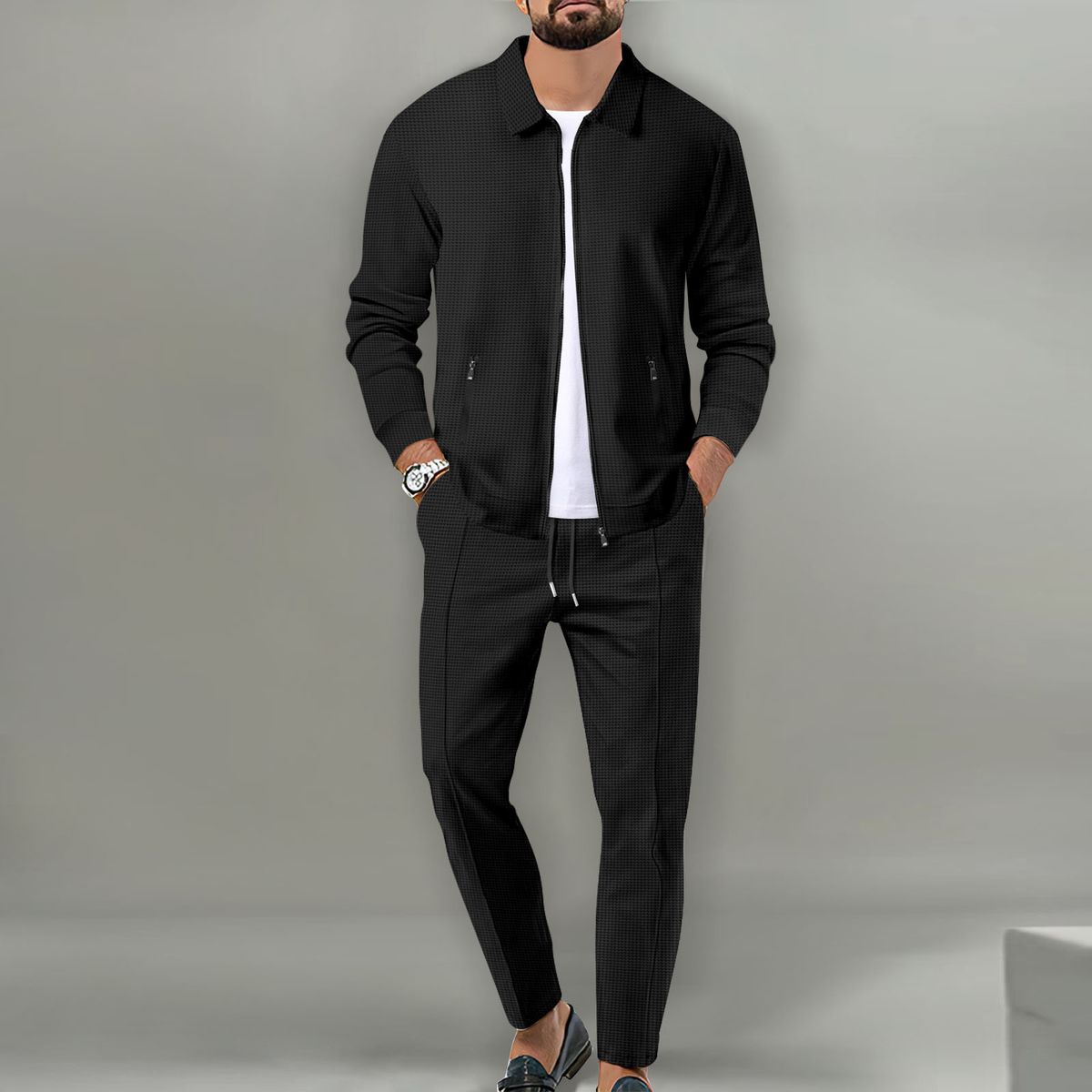 Men's Clothing Autumn Youth Zipper Waffle Pocket Lapel Slim Jacket Casual Pants_viptrois.com