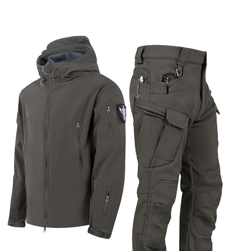 Outdoor Shark Skin Soft Shell Suit Men's Windproof Military Fan Tactical Winter Veet Thickened Mountaineering Jacket_viptrois.com