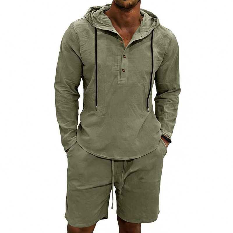 Men's Clothing Men's Style Loose Fit Linen Hoodie Casual Long Sleeve Top With Solid Color Shorts Summer Breathable Outfit_viptrois.com
