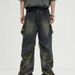 Men's Clothing Five Pointed Star Design Jeans For Men, American Retro Big Pockets, Raw Edges, Distressed Washed High Street Workwear Wide Leg Trousers_viptrois.com