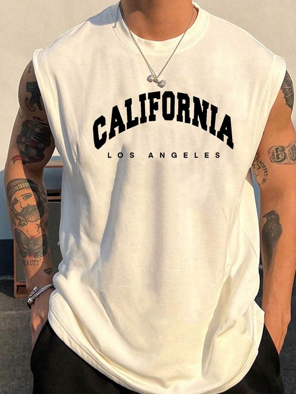 Chaleco Sin Mangas 100% Algodón Para Hombre, Estampado California, Casual, Transpirable, Cuello Redondo, Ideal Para Fitness Y Verano._viptrois.com