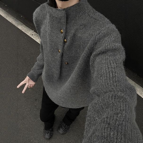 Irregular Button High Neck In Autumn Winter, Loose And Casual, Niche Design, Knitted Sweater For Men_viptrois.com