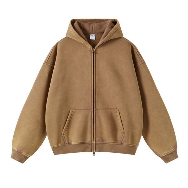 Men's Clothing Vintage Wax-Dye Fleece Hoodie – Oversized Streetwear Jacket With Dual-Zip Closure, 360g Cotton Blend, Wax-Resist Wash & Distressed_viptrois.com