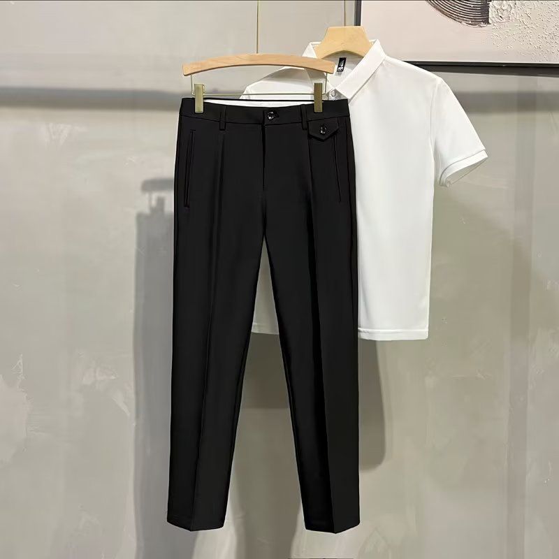 Men's Clothing Black Simple Pants Men's Summer Ice Silk Thin Straight Loose Wide Leg Boys Spring And Autumn Suit Casual Trousers_viptrois.com