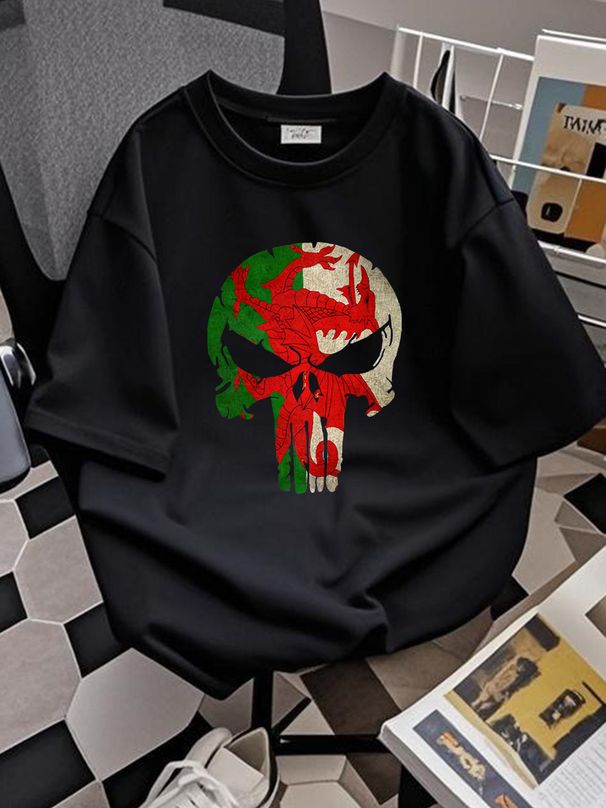 Wales Skull Mens T Shirt Gym Training Top Welsh Flag Rugby Fan Col Funny Present Idea Joke Dad Husband Boyfriend Streetwear Soft Unisex Versatile_viptrois.com