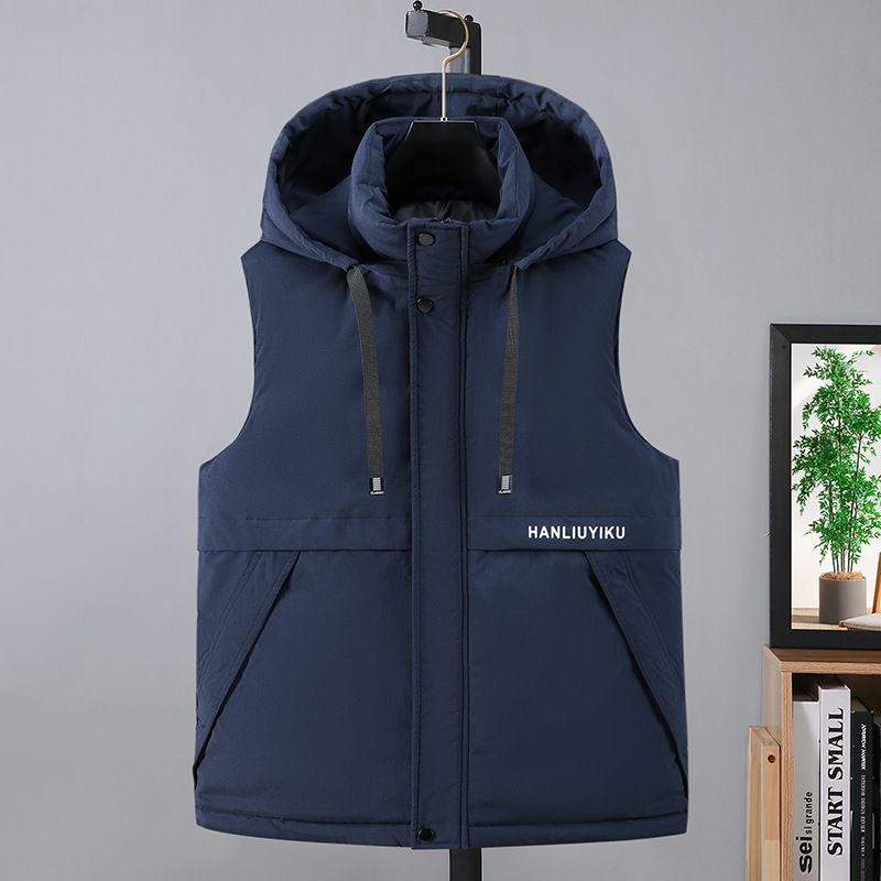 Men's Clothing Men's Winter Fleece Vest With Hood, Thickened Polyester, Loose Fit, Zip-Up Front (Black/Green/Blue/Pattern) - Sizes S To 8XL_viptrois.com