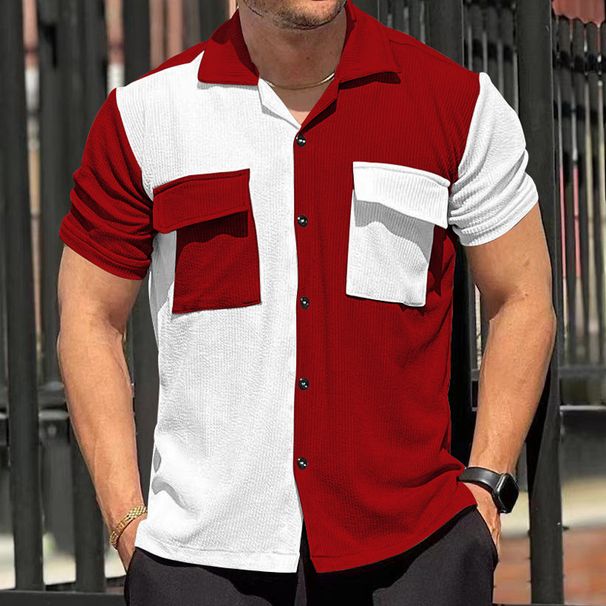 Men's New Summer Color Blocking Short-sleeved Breathable Casual Beach Shirt Short Buttons Cardigan Tops_viptrois.com