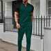 Men's Clothing New Color Matching Casual Waffle Round Neck Short Sleeved Men's T Shirt Trousers Suit_viptrois.com