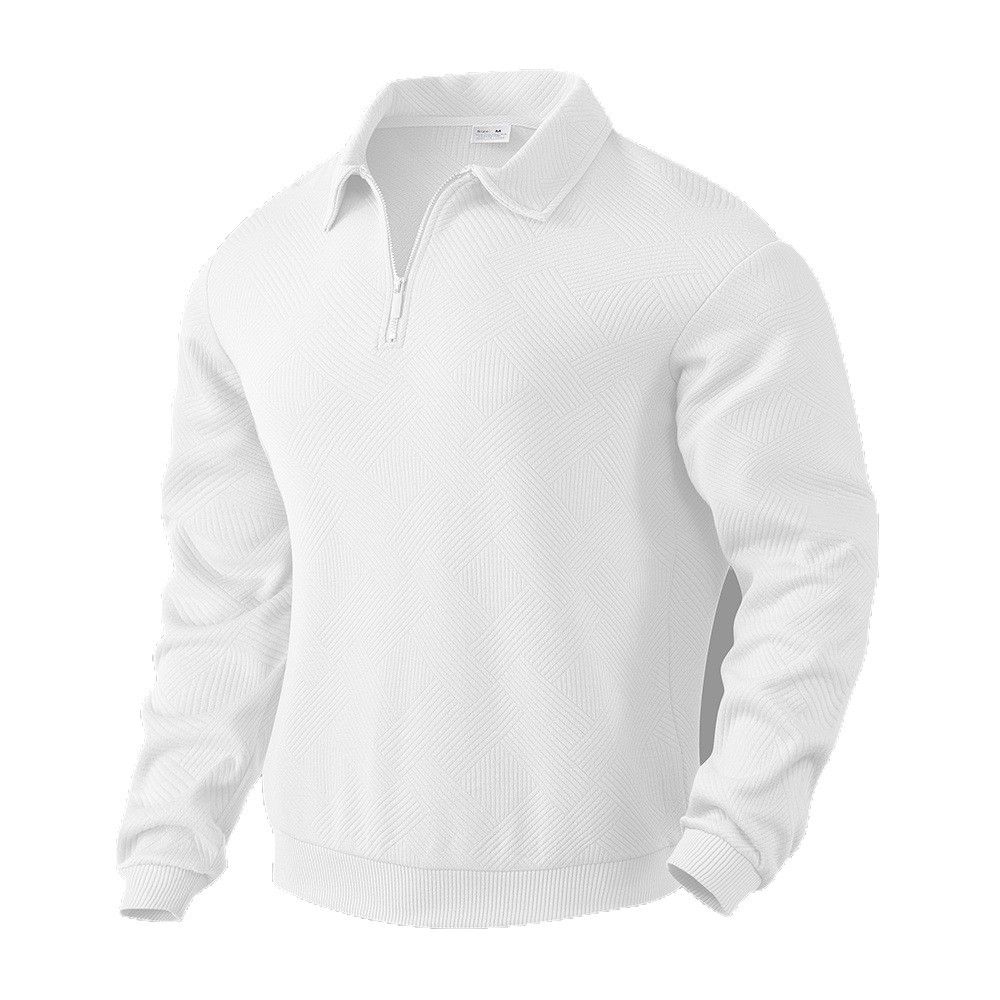 Men's Retro Jacquard Polo Sweatshirt - Heavyweight Half-Zip Lapel Collar Long Sleeve Top, Vintage Autumn Streetwear (Black/White/Grey/Khaki/Navy)_viptrois.com
