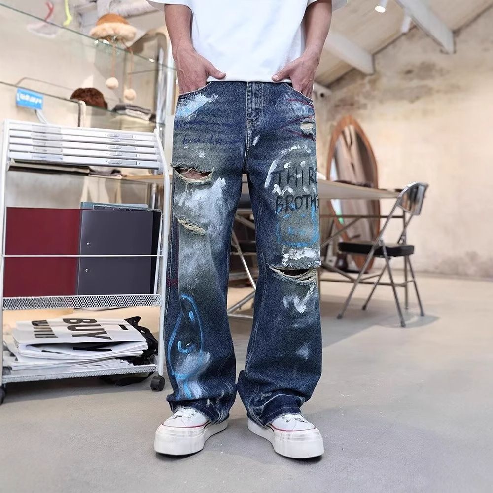 Men's Clothing Retro Personality Ripped Beggar Jeans Men Spring Street Fashion Brand Handsome Loose Straight Long Pants Men_viptrois.com