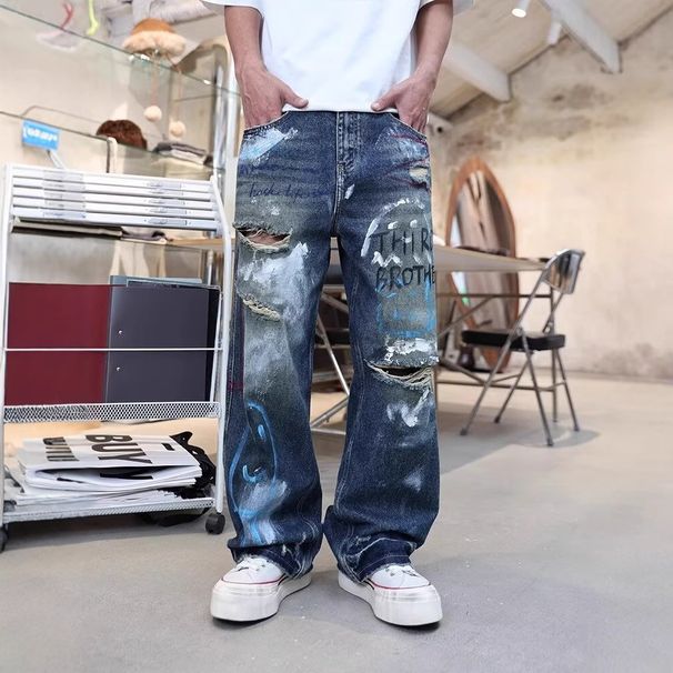 Men's Clothing Retro Personality Ripped Beggar Jeans Men Spring Street Fashion Brand Handsome Loose Straight Long Pants Men_viptrois.com