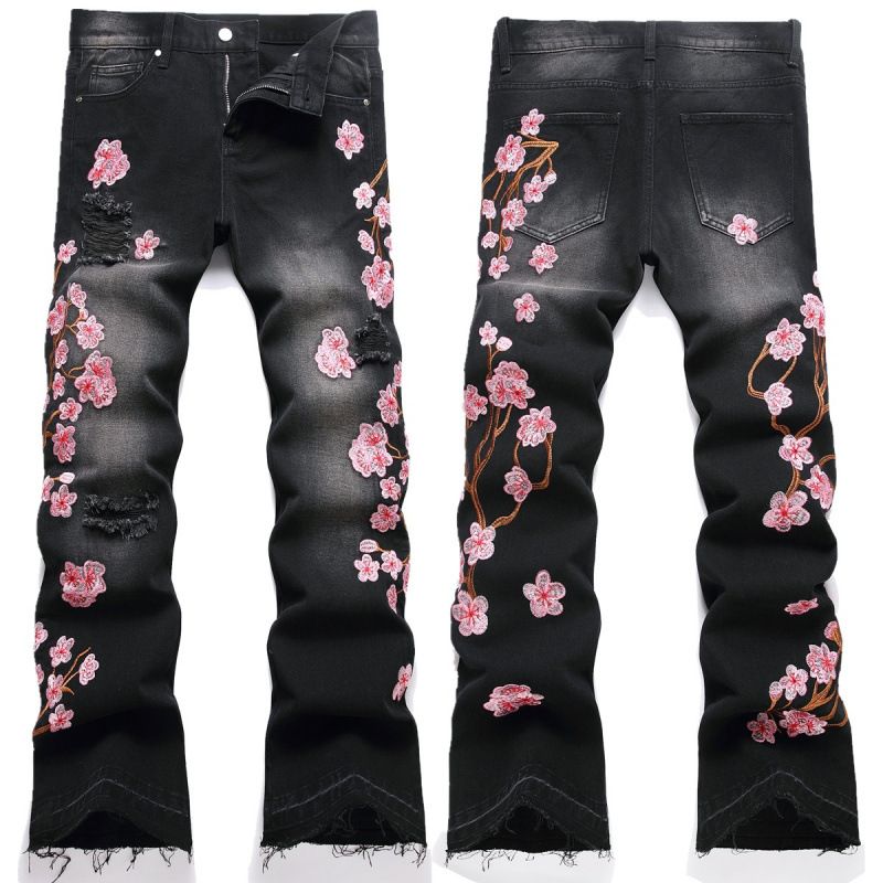 Men's Flared Jeans Street Style Heavy Embroidered Plum Blossom Non Stretch Denim New_viptrois.com