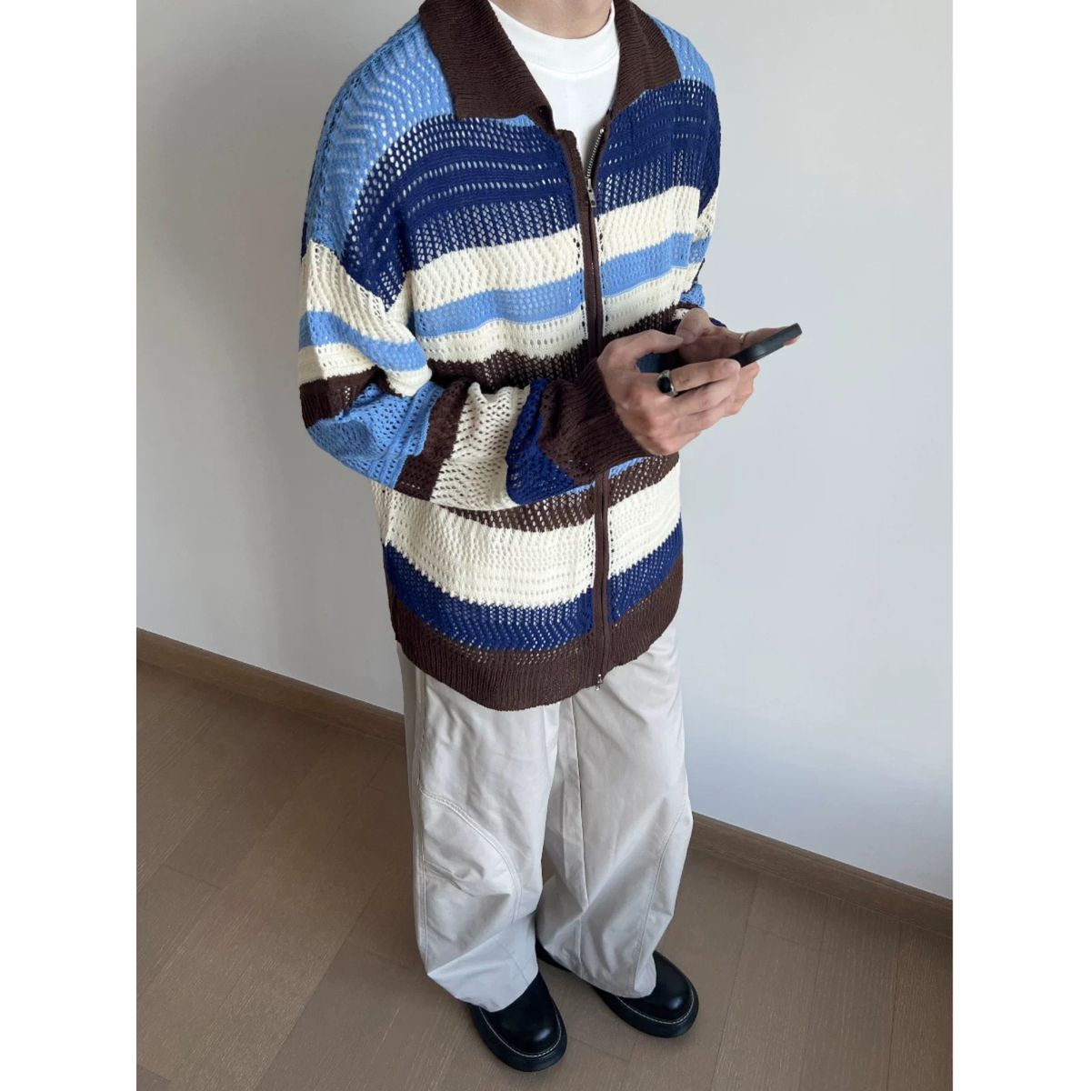 Autumn And Winter New Long Sleeved Knitted Sweater, Men's Cardigan Jacket, Striped Hollow Out_viptrois.com