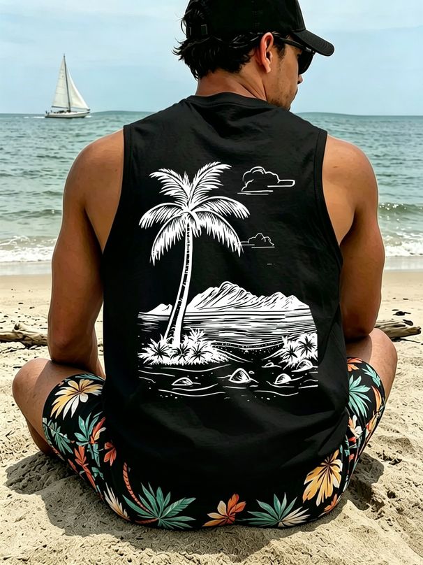 Canotta Uomo Girocollo 100% Cotone Stampa Isola Con Palme Traspirante Senza Maniche Vacanze Spiaggia Estive Multicolore_viptrois.com