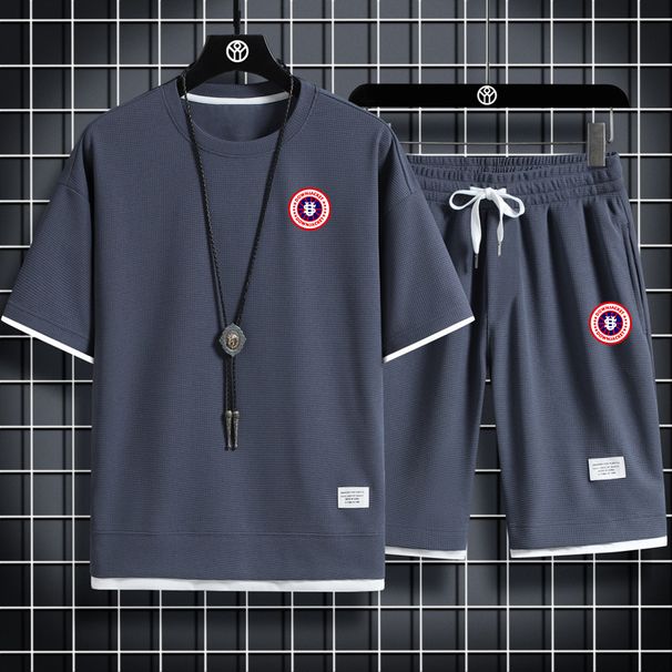 Men's Clothing GGBB Waffle Knit Sports Casual Suit For Men, US Map Print, Loose Fitting Faux Two Piece Short Sleeved Shirt And Shorts._viptrois.com