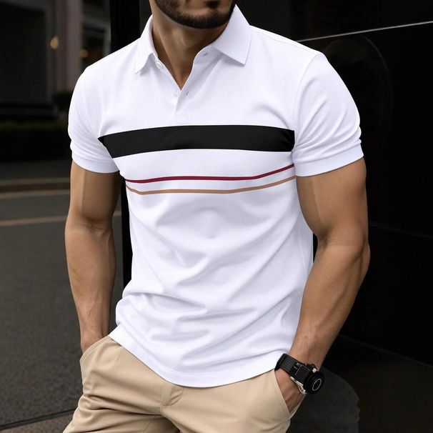 Men's Digital Print Polo Shirt – Breathable Short Sleeve Collared Shirt For Casual & Outdoor Wear (Black, White, Pinkish, Light Blue, Navy Blue)_viptrois.com