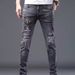 Splicing Ripped Jeans Men's Slim-fitting Small Straight Pants Patch Ripped Holes And Scratched Edges_viptrois.com