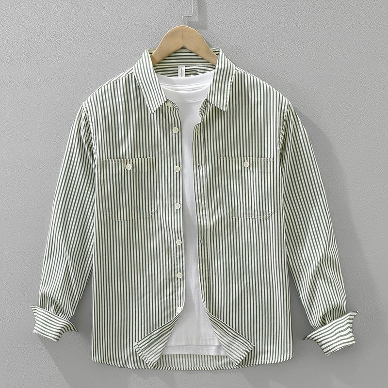 Fresh Striped Long Sleeved Shirt For Men, Fashionable And Versatile, Artistic And Casual Loose Top_viptrois.com