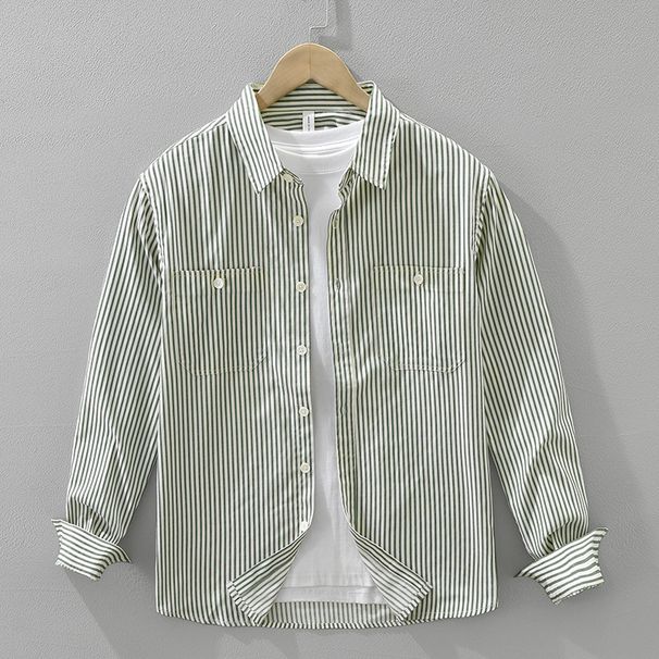 Fresh Striped Long Sleeved Shirt For Men, Fashionable And Versatile, Artistic And Casual Loose Top_viptrois.com