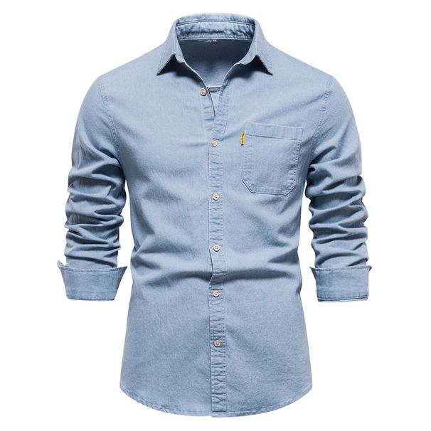 2024 Autumn And Winter New Foreign Trade Eurocode Denim Iron-free Shirt Men`s Casual Solid Color Men`s Long-sleeved Shirt_viptrois.com
