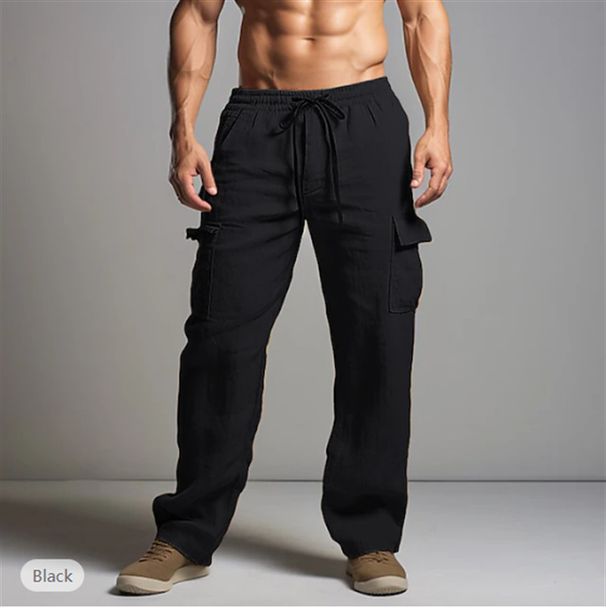 Men's Clothing New Cotton And Linen Trousers Drawstring Elastic Waist Straight Leg Solid Color Breathable Daily Casual Mid Length Trousers_viptrois.com