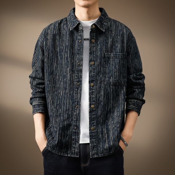 Men's Clothing Retro Jacquard Denim Shirt Loose Large Size Striped Washed Jacket Coat_viptrois.com