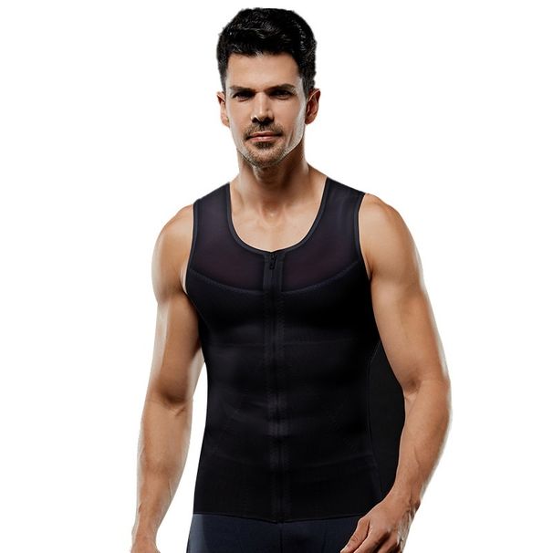 Loom Manufacturer European And American Ultra-light Breathable Men's Elastic Mesh Zipper Slimming Vest Shapewear NY044_viptrois.com