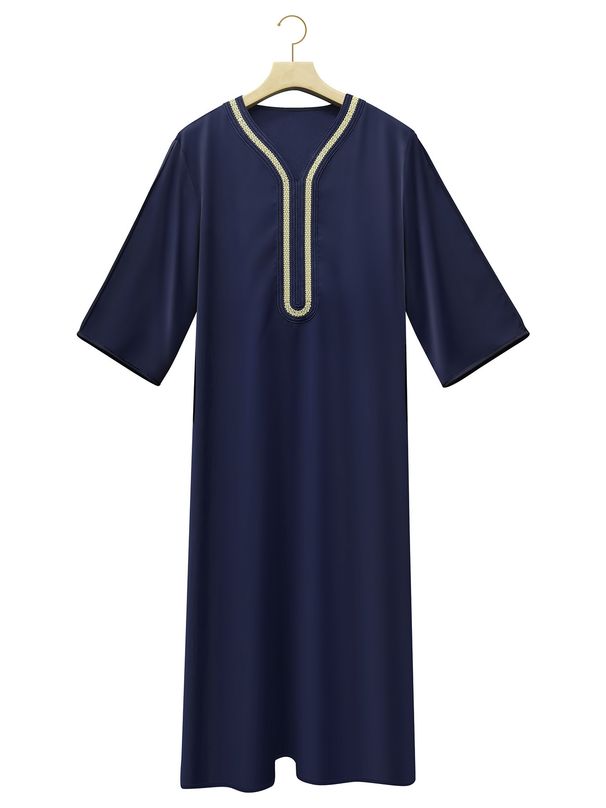 Men's Clothing Muslim Mid Sleeve Embroidery National Style Robe Side Pockets_viptrois.com