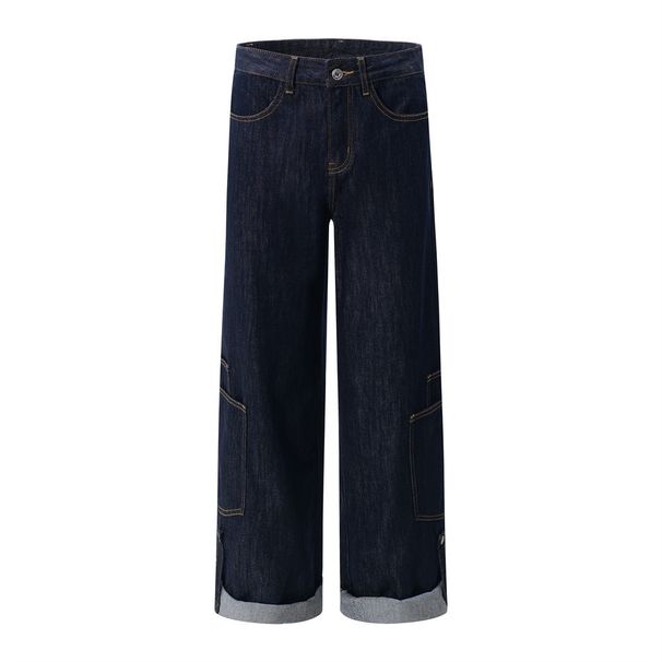 Personalized Workwear Jeans For Men, Trendy Brand, Stitched Pocket Design, Color-Block Cuffed Loose Wide-Leg Straight_viptrois.com