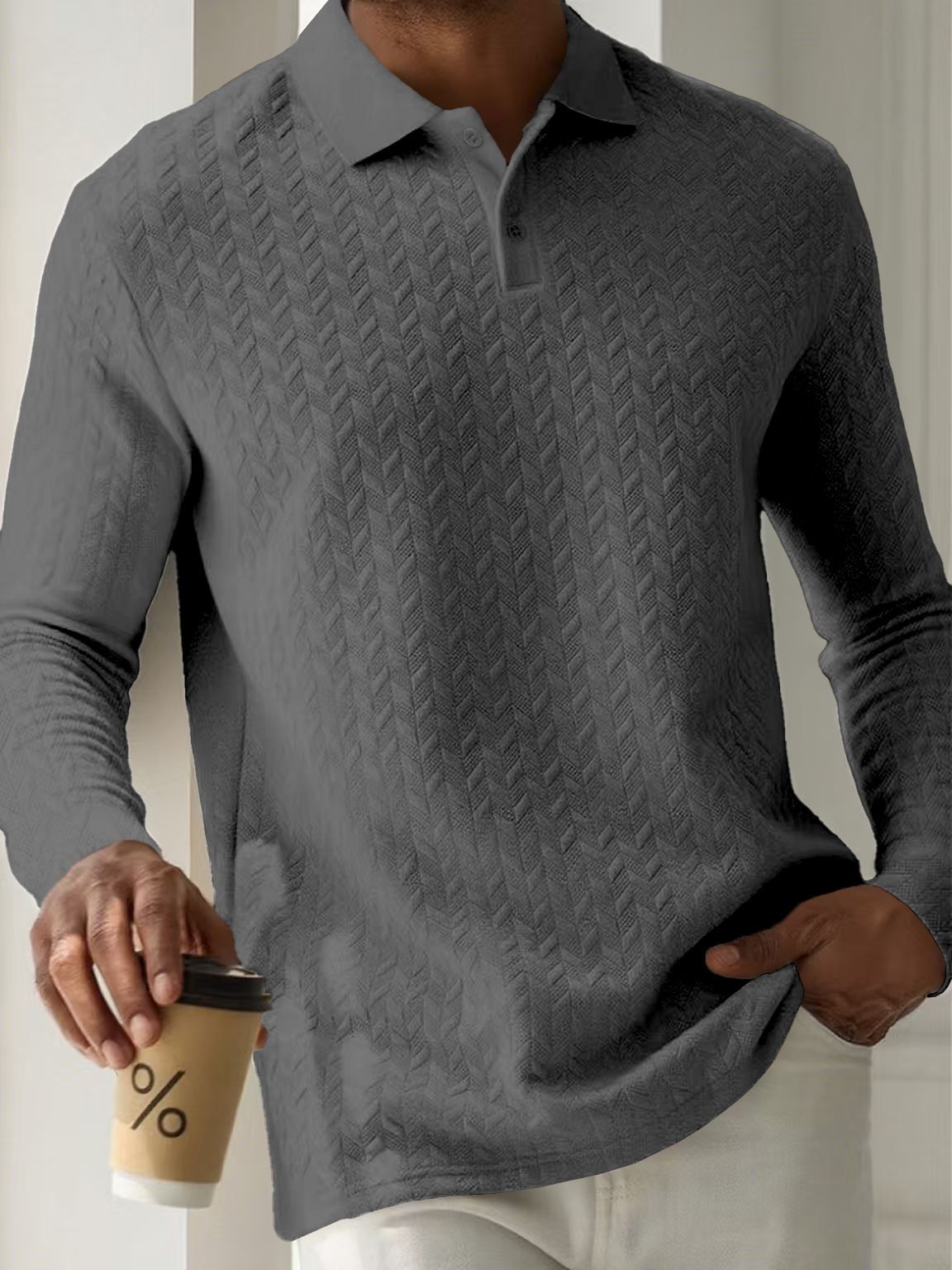 Men's Long Sleeve Polo Shirt Textured Fabric Casual Slim Fit Breathable Comfortable For Spring Autumn Workout Office Travel_viptrois.com