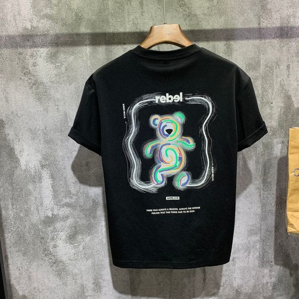 Trendy American Printed Teddy Bear Short T-shirt For Men In Summer, Fashionable, Loose, High-end_viptrois.com