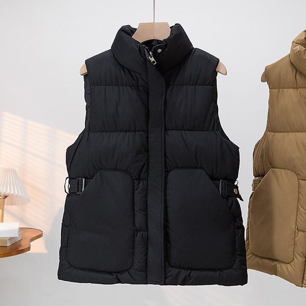 for Women 2025 Autumn Winter Korean Small Fragrance Style Stand Collar New Large Pocket Cotton Outerwear Vest Jacket_viptrois.com