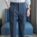 Summer Thin Yarn Dyed Dress Pants for Young Men Semi Elastic Waist Slim Straight Leg Drapey Casual Style_viptrois.com