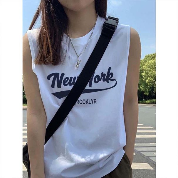 Pure Cotton Outerwear Sports Sweet Cool Summer Loose American Style Tank Top Vest Sleeveless Base Layer Mid-Length_viptrois.com