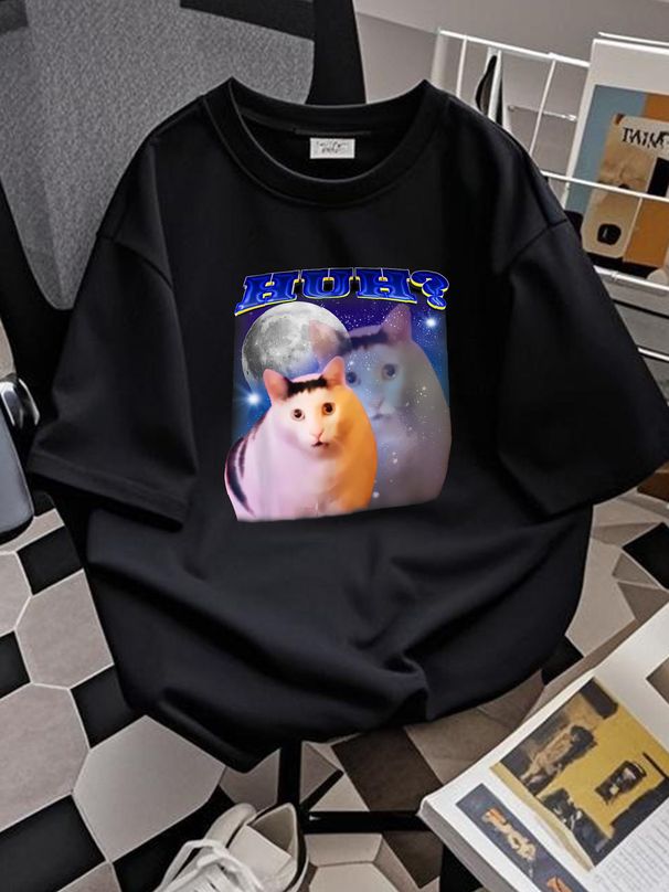 Funny Meme Huh Cat! T-Shirt Unisex Stretched Streetwear Breathable Fashion Designer Clothes Top For Everyday Wear Summer Slightly Versatile_viptrois.com