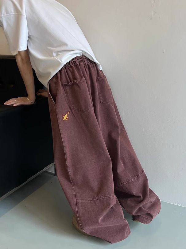 Men's Clothing High Street Trendy Brand Small Flame Embroidered Oversized Jeans For Men, American Retro Style, Washed, Loose, Floor Length_viptrois.com