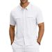 Men's Linen Blend Short Sleeve Shirt, Casual Multi-Pocket Camp Collar Shirt For Summer Outdoor Travel_viptrois.com