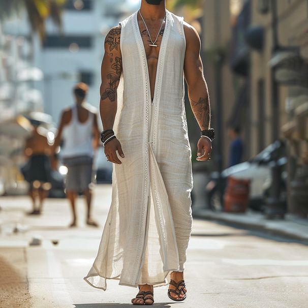 Men's Clothing Casual Robe Spring And Summer Sleeveless Button Cardigan Long Fashion Windbreaker_viptrois.com