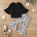 Autumn New Ins Girls' Black Flared Sleeve Top+leopard Print Pants Two-piece Set For Children_viptrois.com