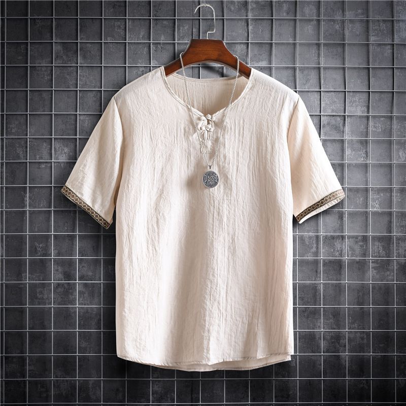 Men's Clothing Linen Cotton Thin Short Sleeved T Shirt_viptrois.com