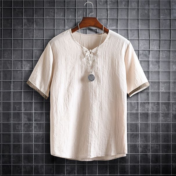 Men's Clothing Linen Cotton Thin Short Sleeved T Shirt_viptrois.com
