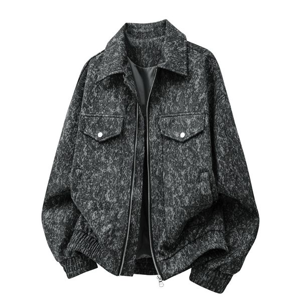 Men's Clothing Speckled Suede Jacket – Vintage-Inspired Lapel Coat, Stretch Polyester Blend, Relaxed Fit (Dark Gray/Caramel/Light Gray)_viptrois.com